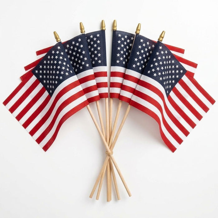 American stick flags arranged in a fan on natural wood sticks