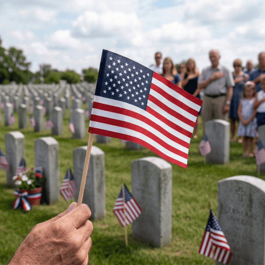 Handheld American stick flag at a cemetery remembrance event