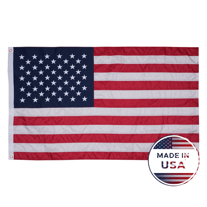 Polyester American flag made in USA with embroidered white stars, red-and-white stripes and brass grommets