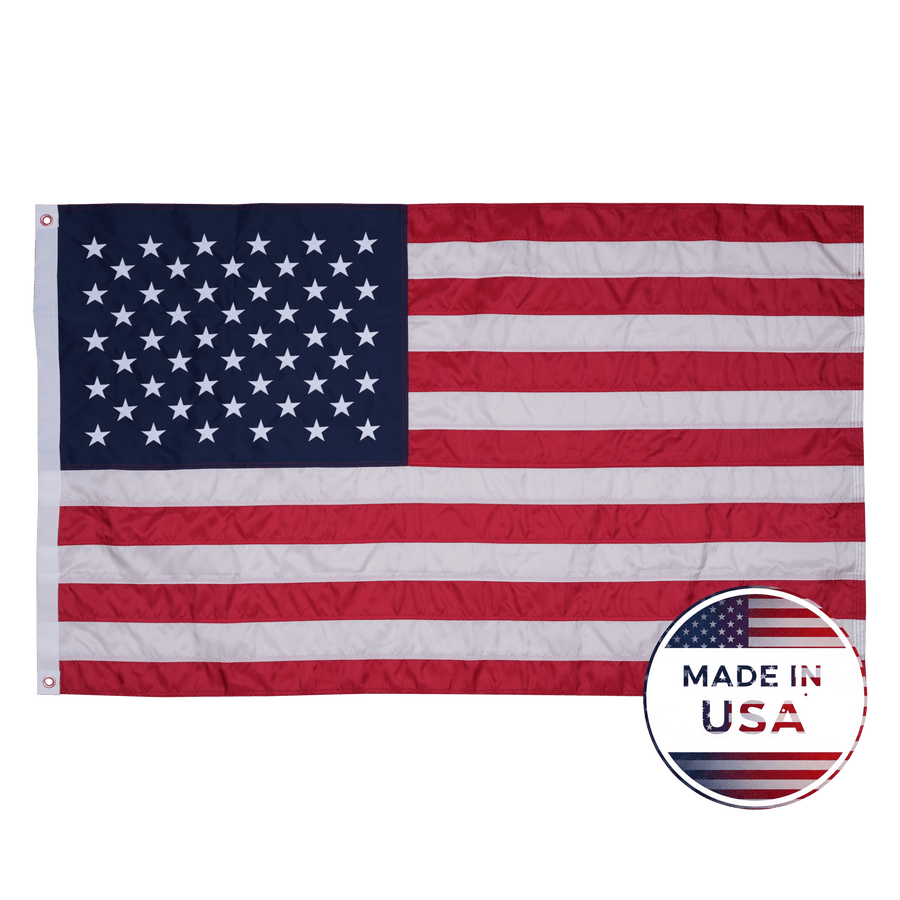 Polyester American flag made in USA with embroidered white stars, red-and-white stripes and brass grommets