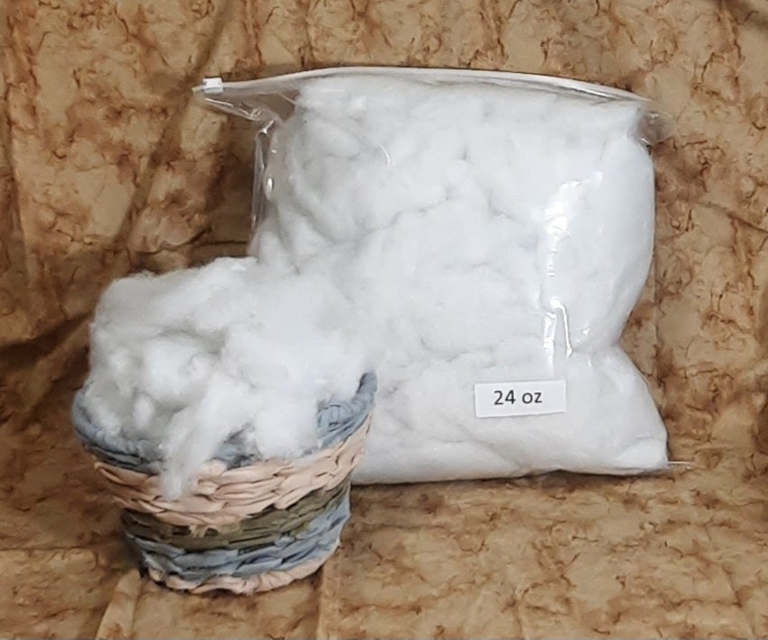 Recycled Polyester Fiberfill, packaged craft filling beside loose stuffing in a display basket