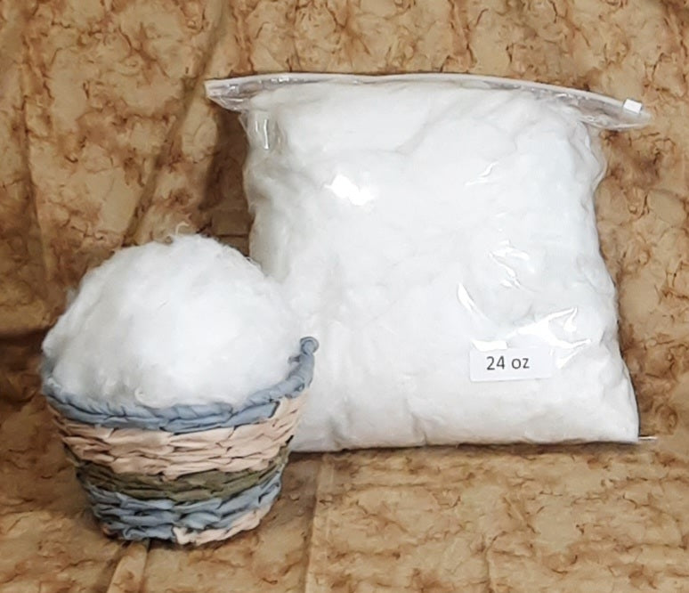 Super Soft Recycled Polyester Fiberfill, packaged craft filling beside loose stuffing in a display basket