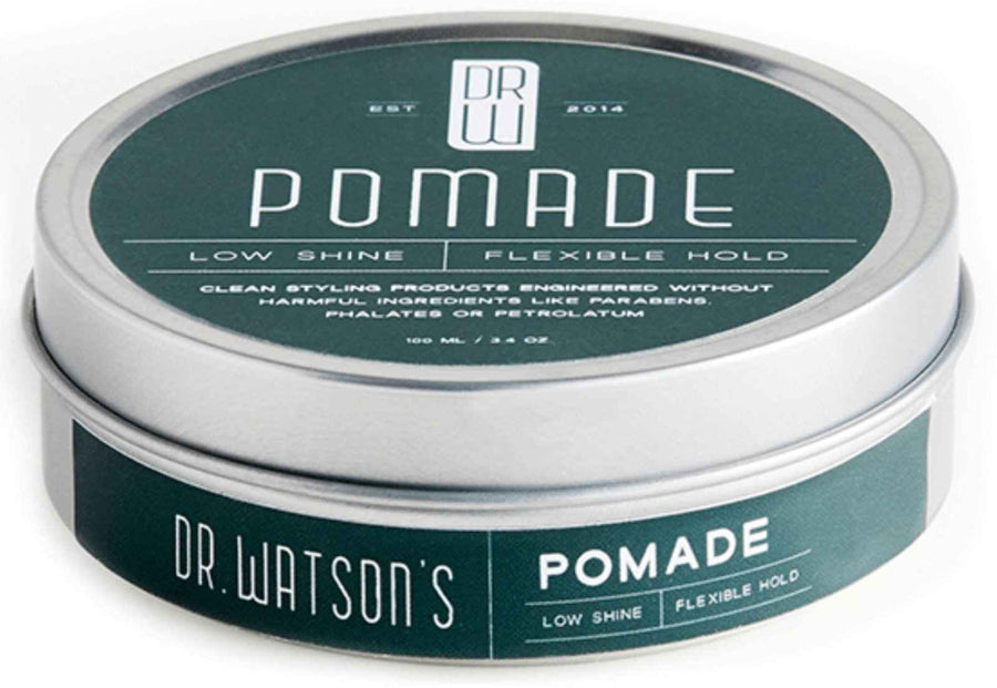 Closed Dr. Watson's pomade jar with green label