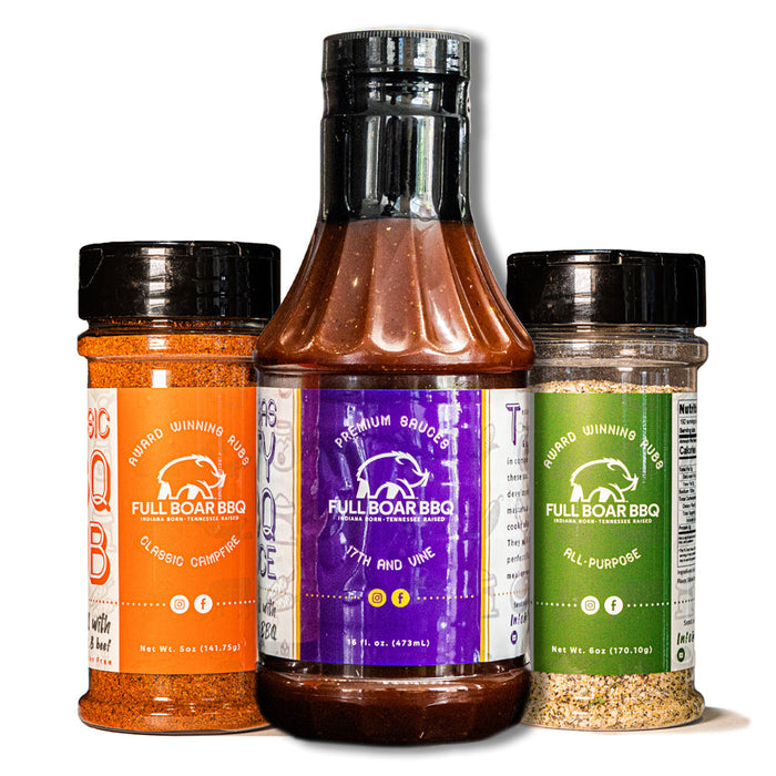 Competition Pork Butt Kit with Classic Campfire Rub, 17th & Vine Sauce and all-purpose rub.