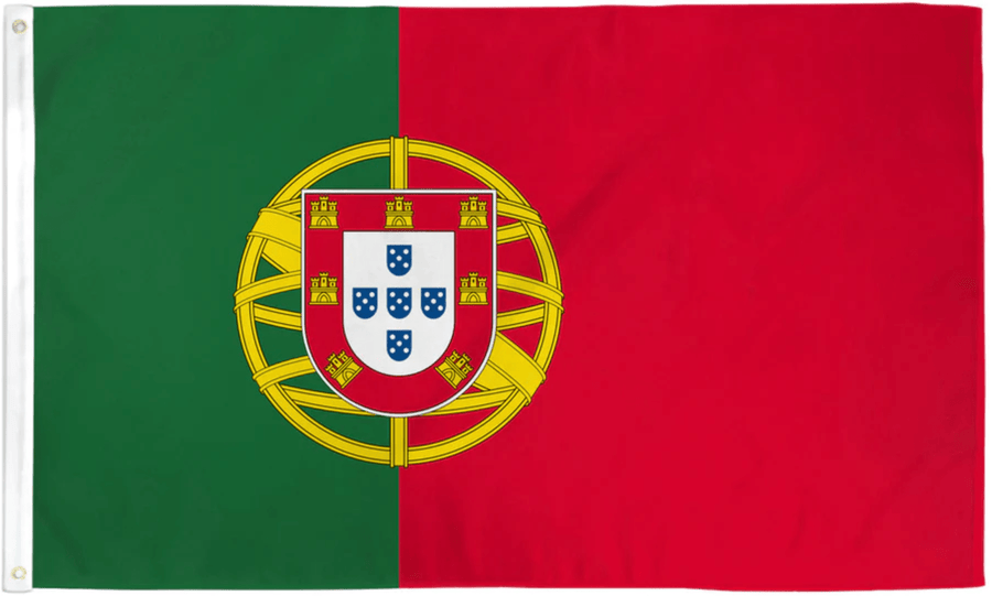 Portugal flag made in USA with green red field coat of arms and yellow armillary sphere
