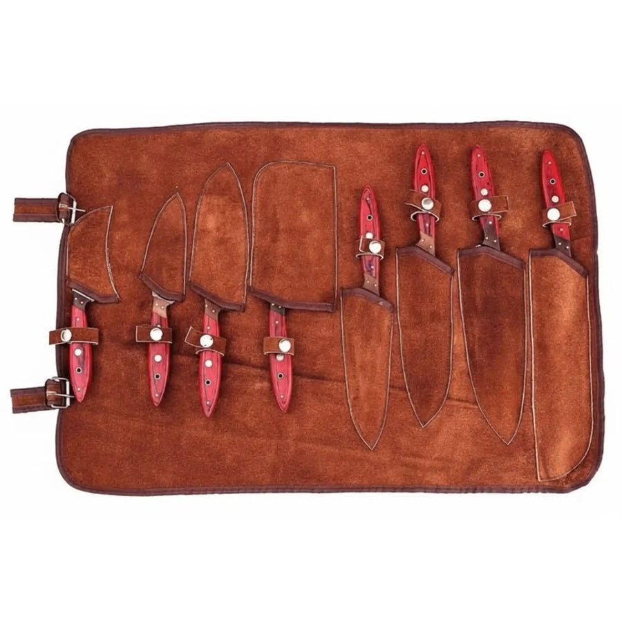 8-Piece Damascus Kitchen Knife Set – Red Pakka Wood & Leather Roll