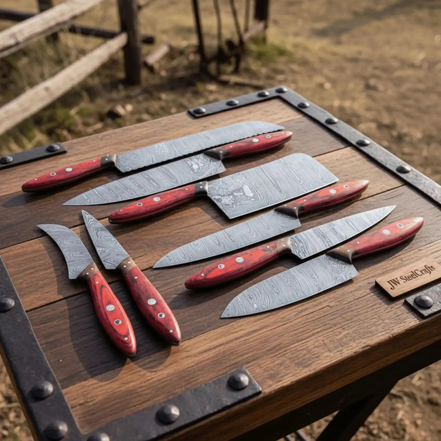 8-Piece Damascus Kitchen Knife Set – Red Pakka Wood & Leather Roll