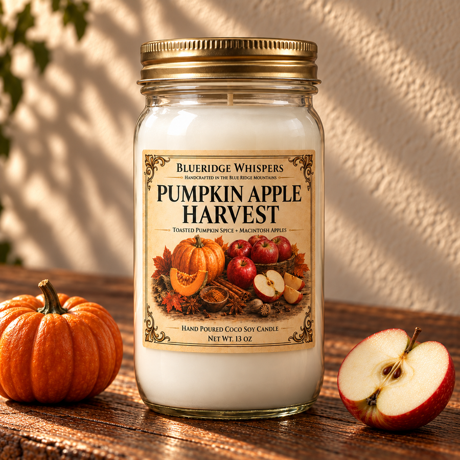 Pumpkin Apple Harvest mason jar candle beside a pumpkin, sliced apple, and cinnamon sticks