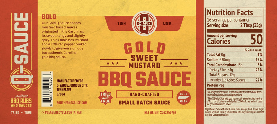 Gold mustard barbecue sauce label showing ingredients, mustard declaration and Nutrition Facts