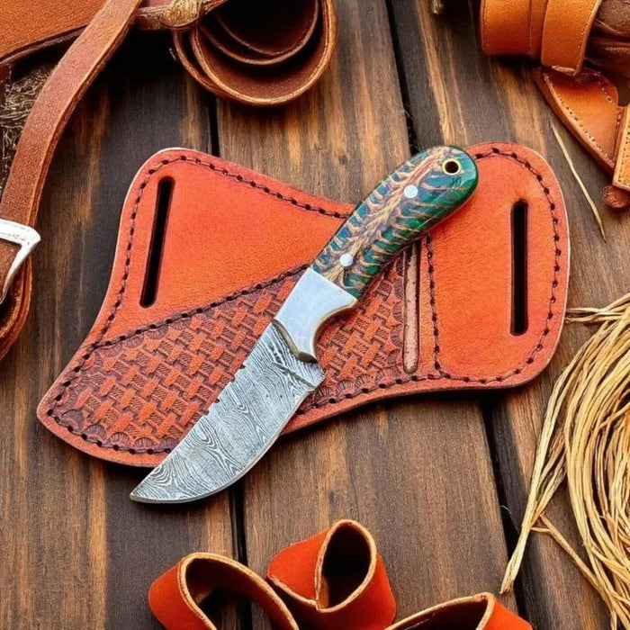 Ranch Cowboy Knife With Belt Sheath – Green Epoxy Pine Cone Resin Handle