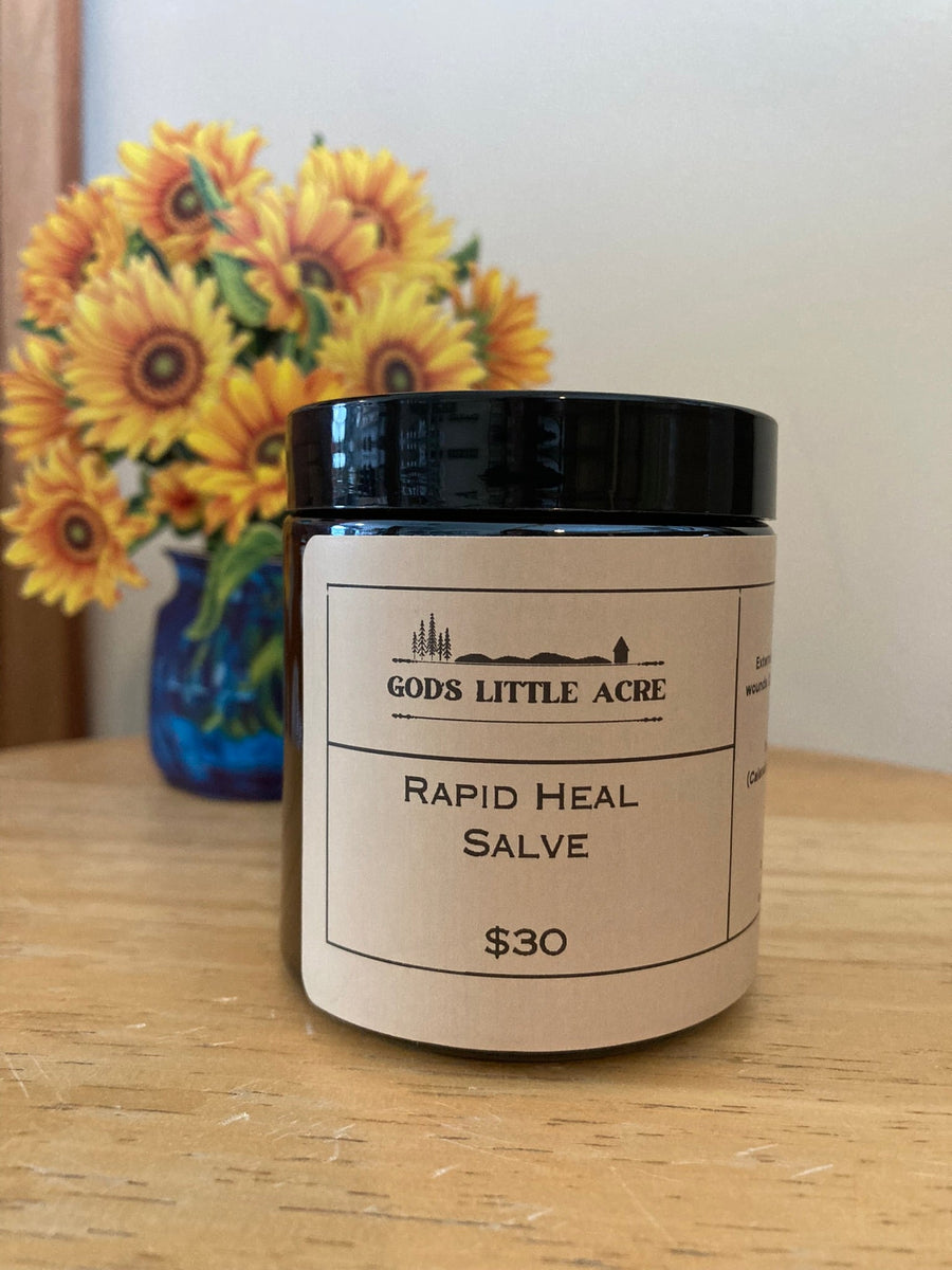 Calendula Herbal Salve in its amber glass jar with supplier branding