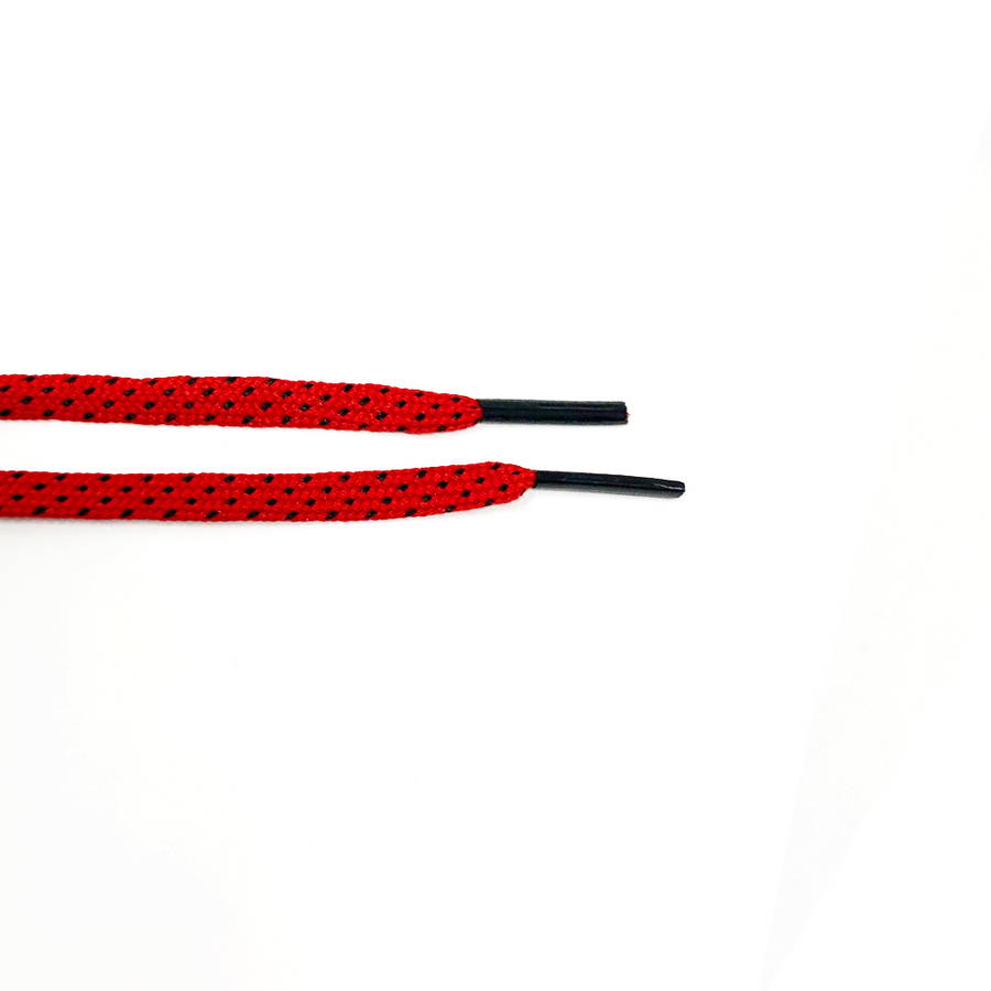 Red & Black ticked flat shoelaces close-up of flat lace ends and black aglets