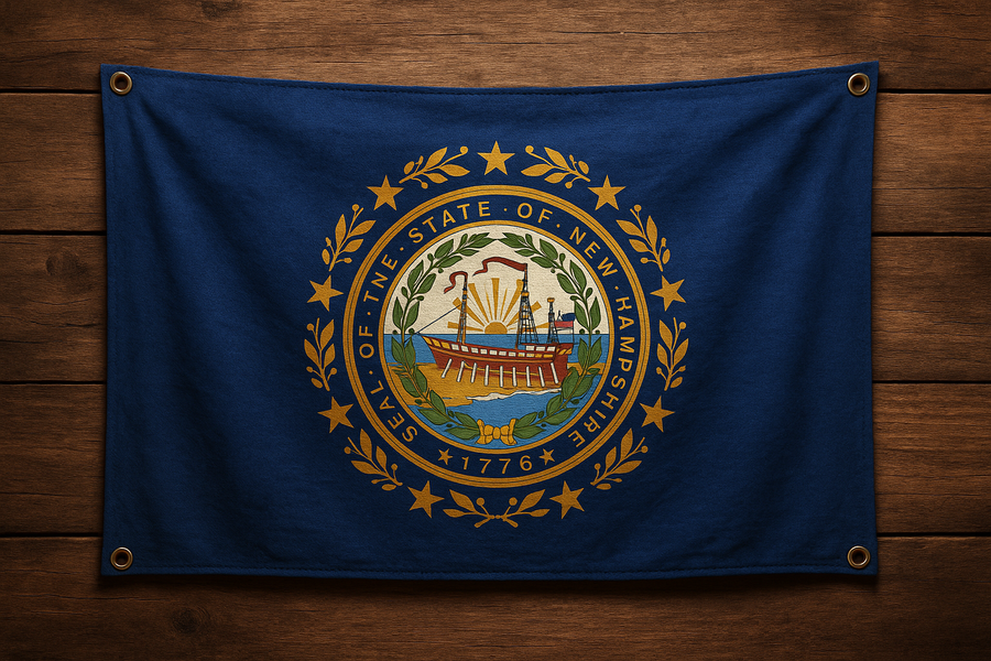 New Hampshire Flag with Grommets Along the Edges for Wall Hanging