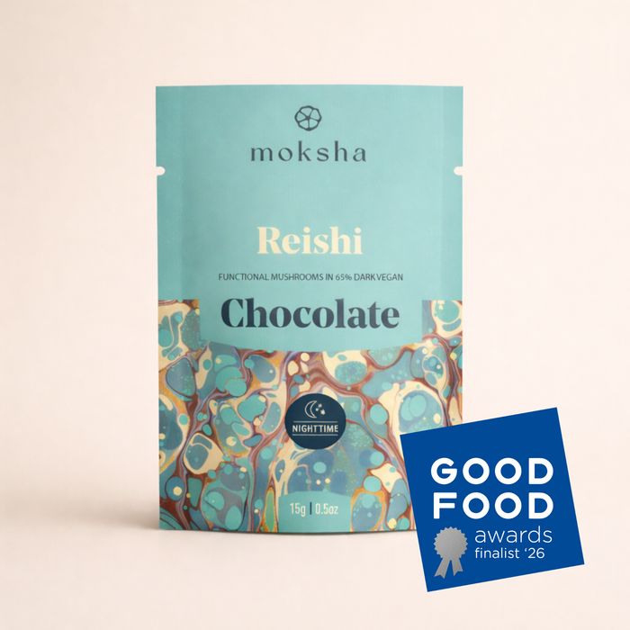 Turquoise Reishi Reserve chocolate wrapper with an award badge