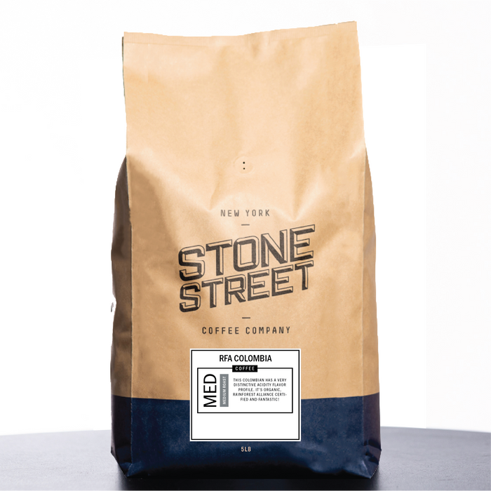 Front of the Stone Street RFA Colombia coffee bag with its product label visible