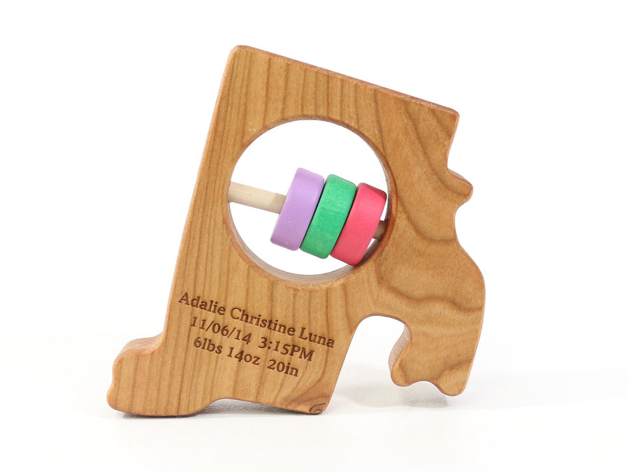 Rhode Island cherry wood rattle with an example of engraved personalization