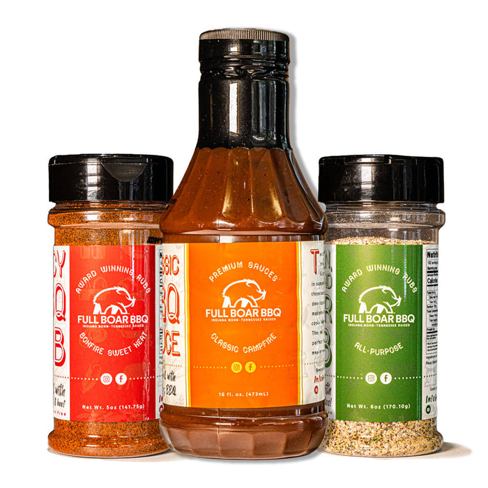 Competition Ribs Kit with Bonfire Sweet Heat Rub, Classic Campfire Sauce and Garden, Barn & River Rub.