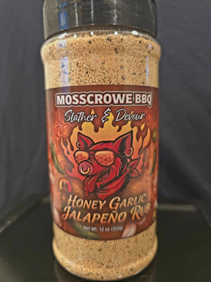 Honey Garlic Jalapeño BBQ rub in a clear seasoning jar