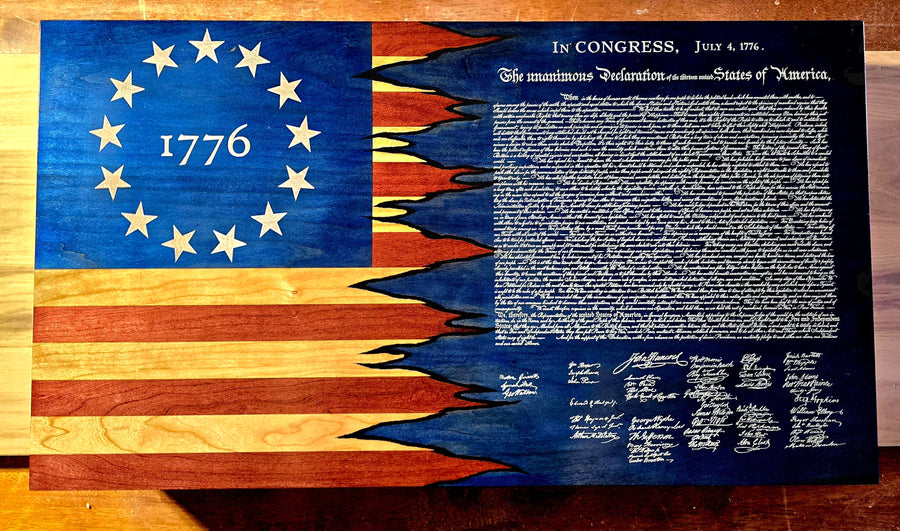 Blue Declaration of Independence wall plaque with text and signatures