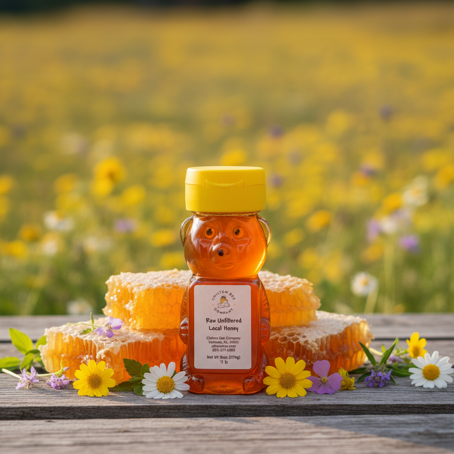 Honey bear bottle displayed beside honeycomb and flowers