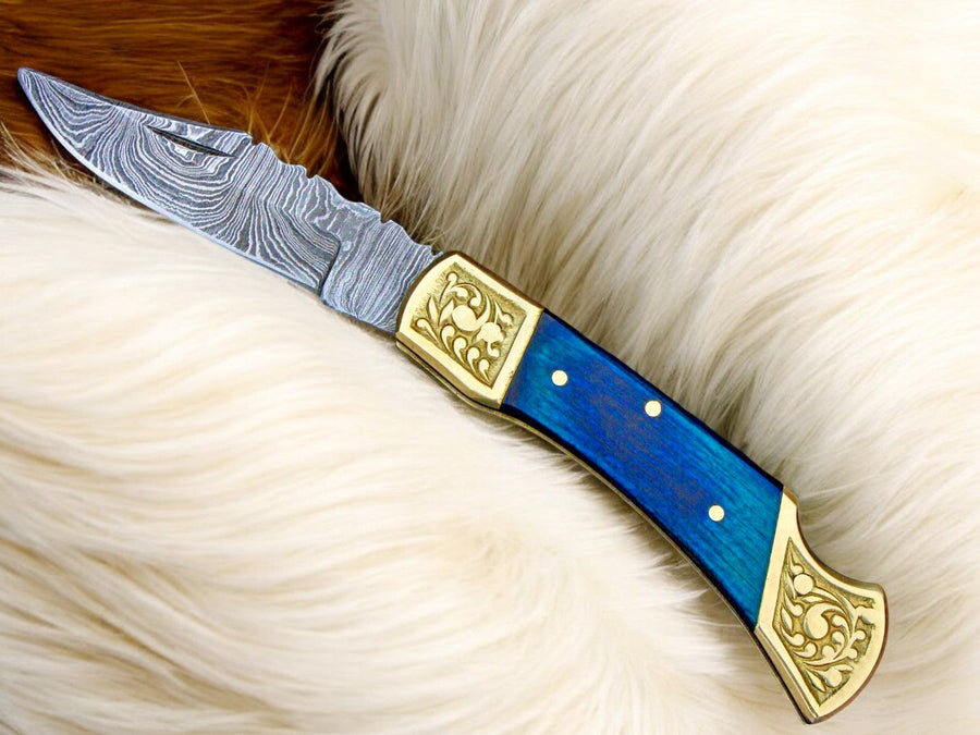 Exotic Blue Wood Damascus Pocket Knife | Back Lock