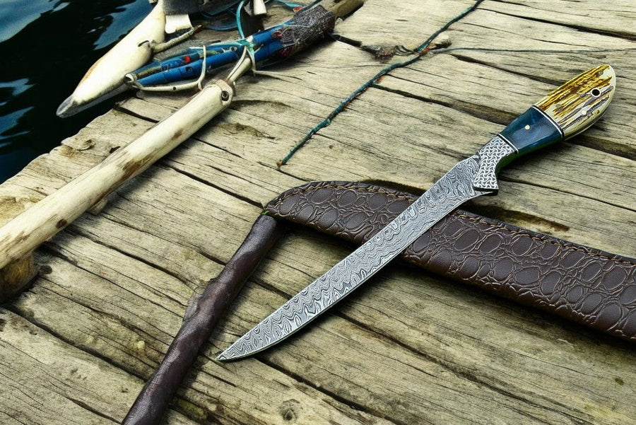Custom Handmade Damascus Fillet Knife – 12.5” with Leather Sheath