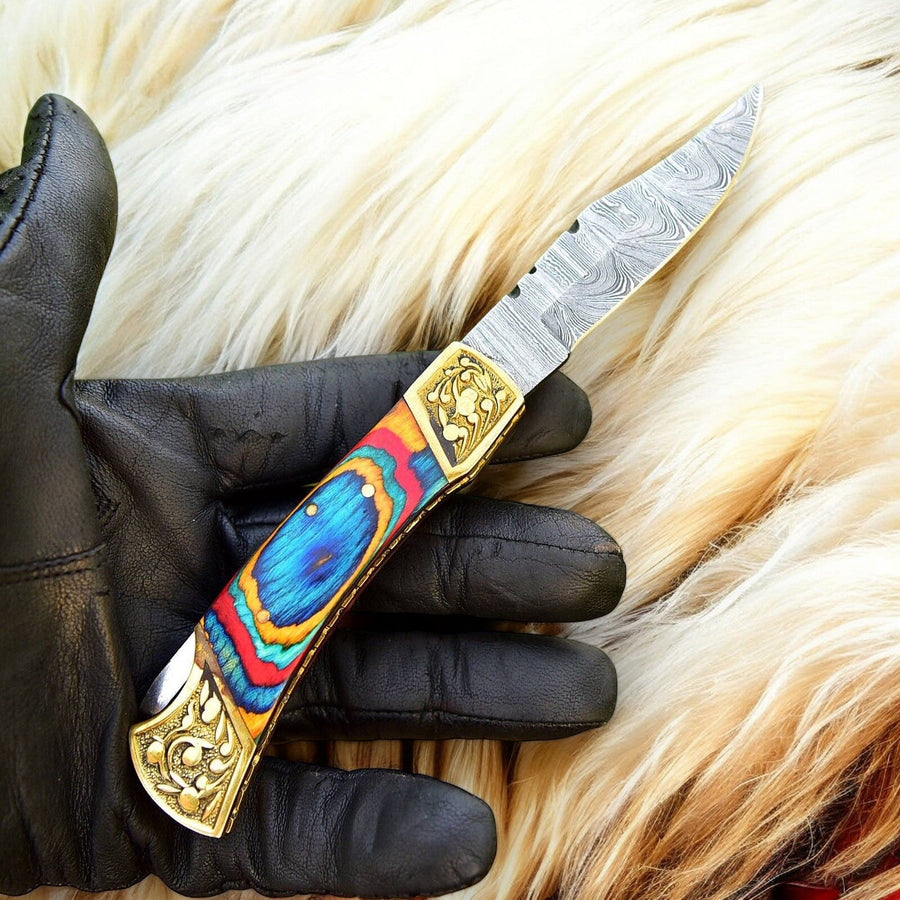 Custom Handmade Damascus Pocket Knife with Multi-Color Wood Handle