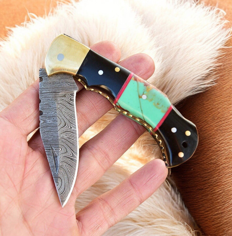 Custom Handmade Damascus Steel Pocket Knife with Brass Bolster