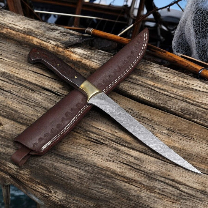 Handmade Damascus Fillet Knife – 8" Blade, Rosewood Handle