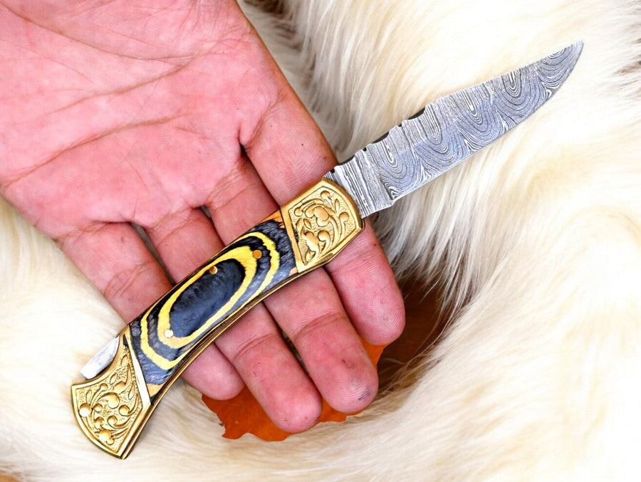 Handmade Damascus Folding Knife – Exotic Wood Handle