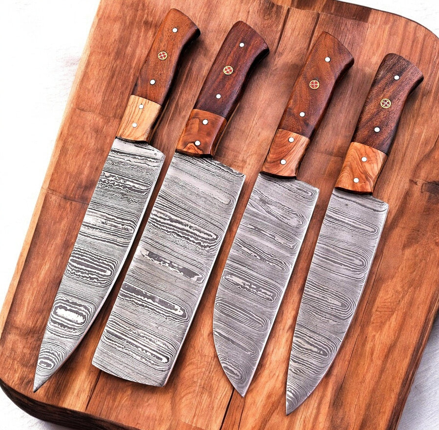 Handmade Damascus Kitchen Knives Set – Olive & Rosewood