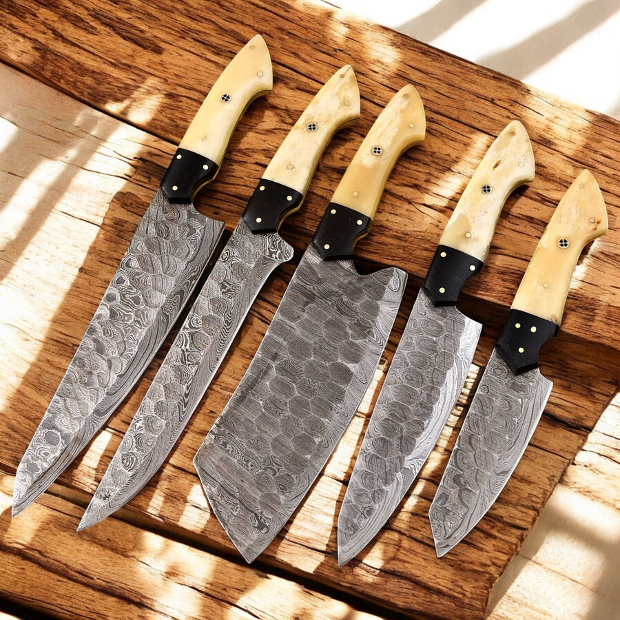 Handmade Damascus Kitchen Knives Set | Bone & Horn Handles