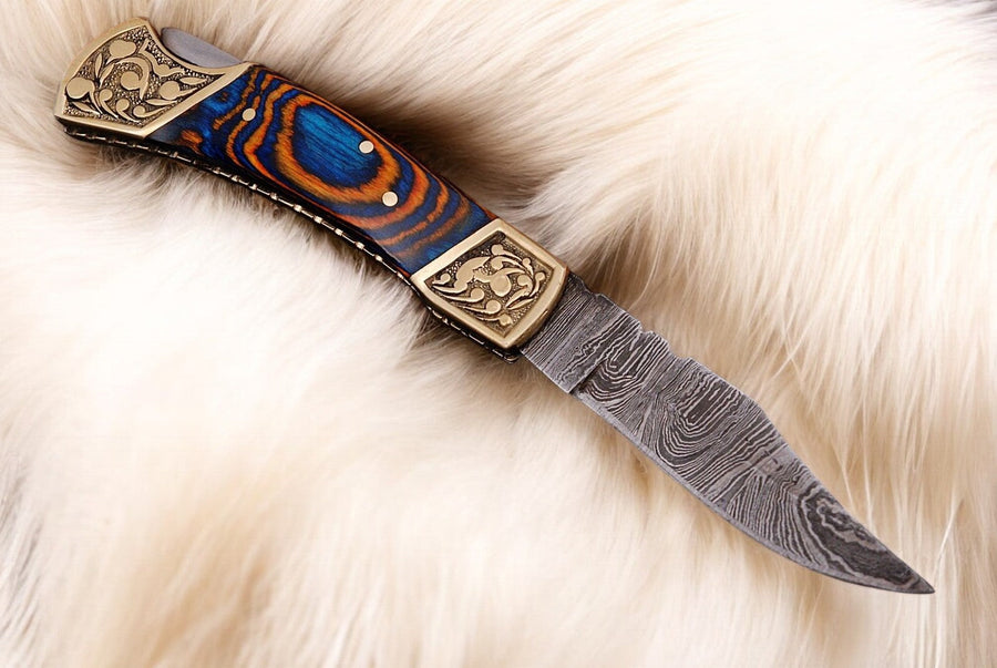 Handmade Damascus Folding Knife – Exotic Wood Handle