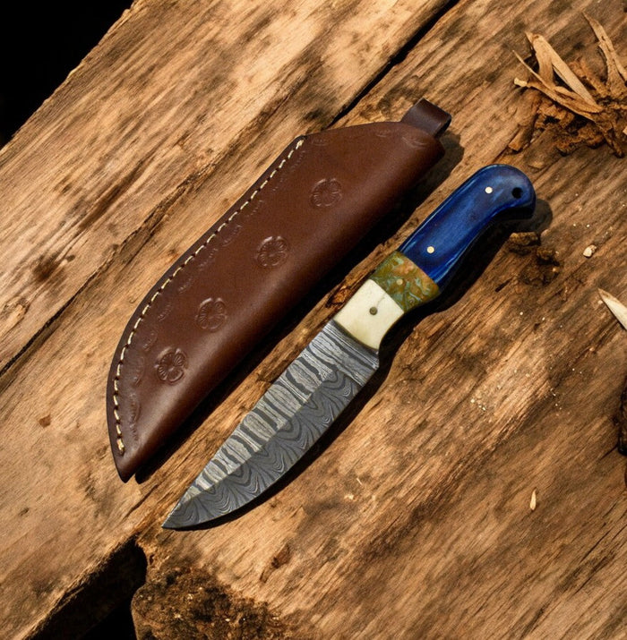 Handmade Damascus Skinning Knife – Bone & Resin Handle