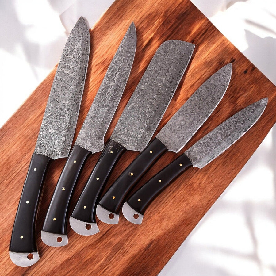 Handmade Damascus Kitchen Knives Set – Buffalo Horn Handle