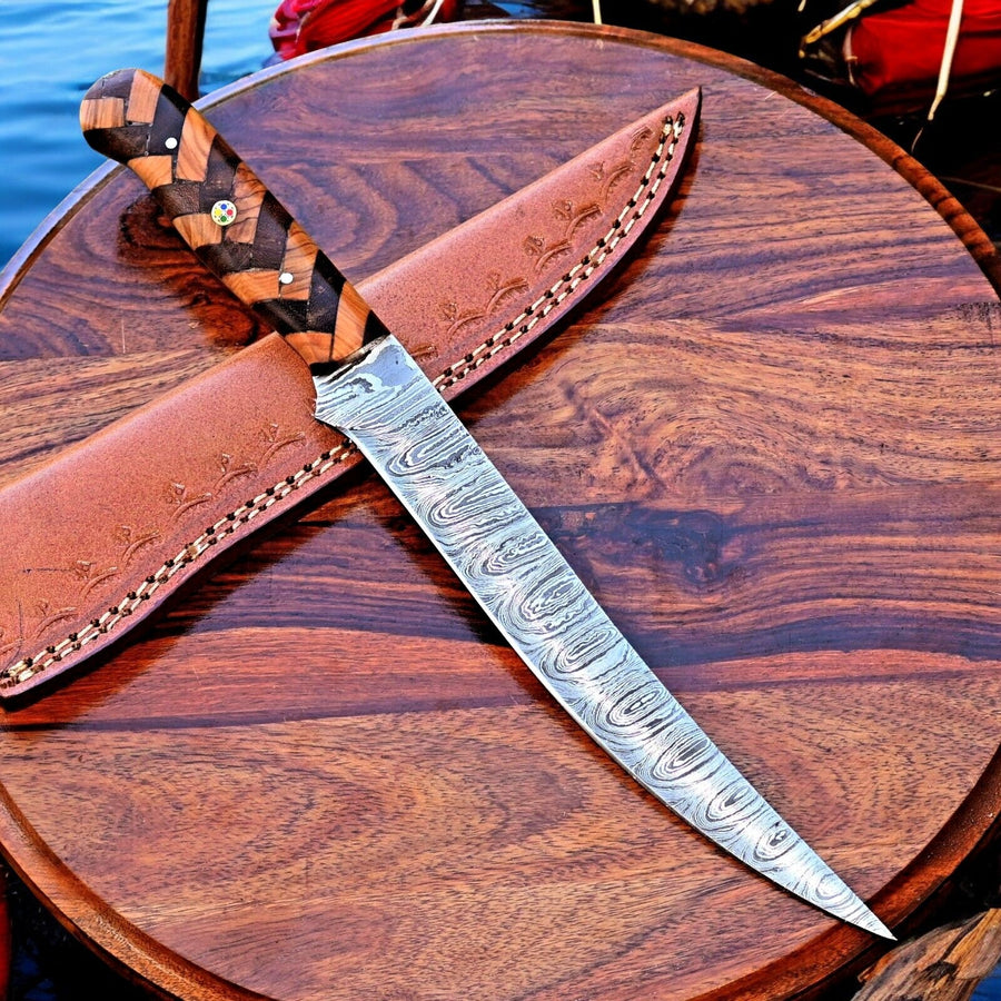 Handmade Damascus Fillet Knife – 12" with Olivewood Handle
