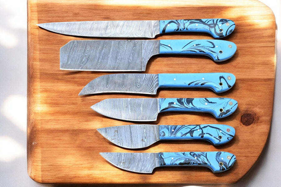 Handmade Damascus Kitchen Knives Set – Epoxy Resin Handles