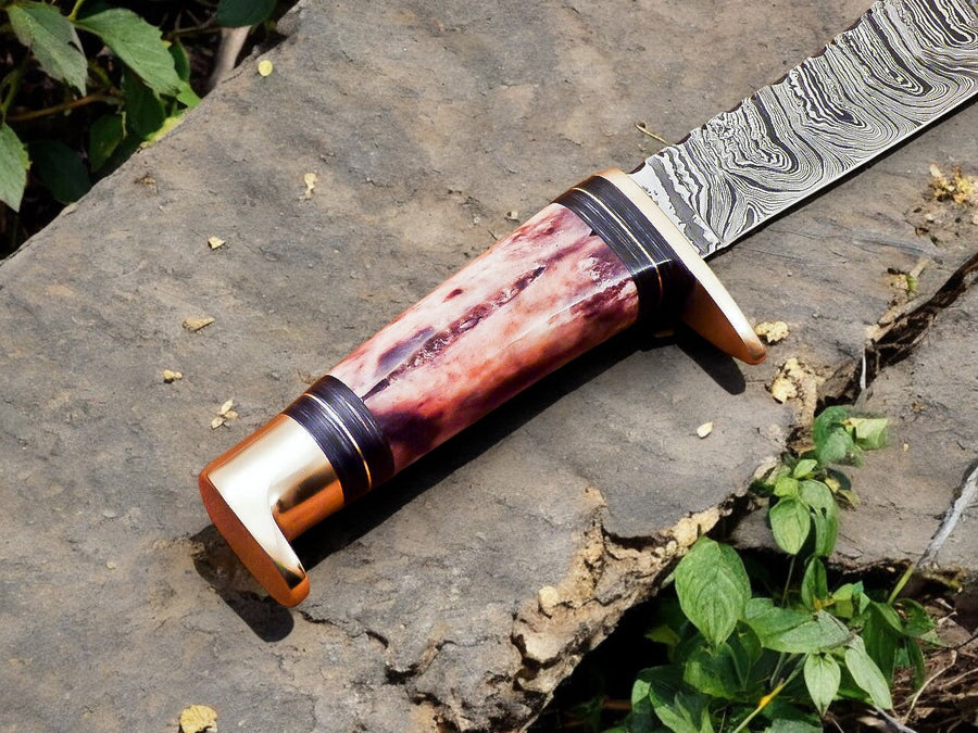 Handmade Damascus Hunting Knife – 12" with Bone Handle