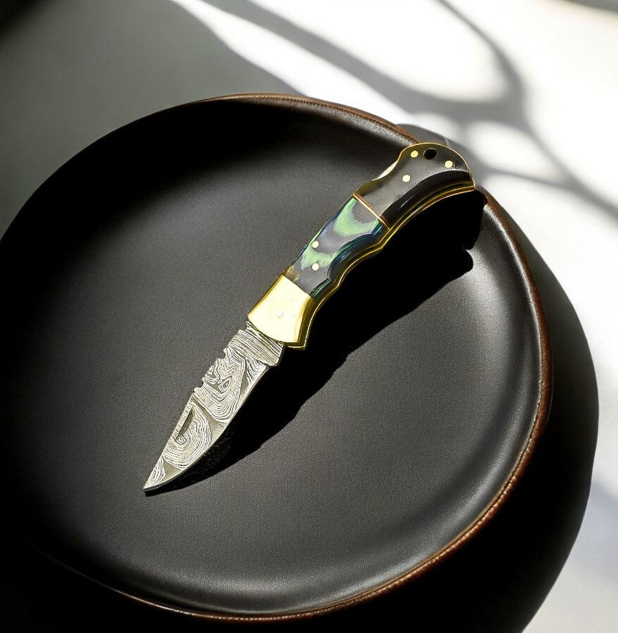 Damascus Pocket Knife with Exotic Wood & Horn Handle
