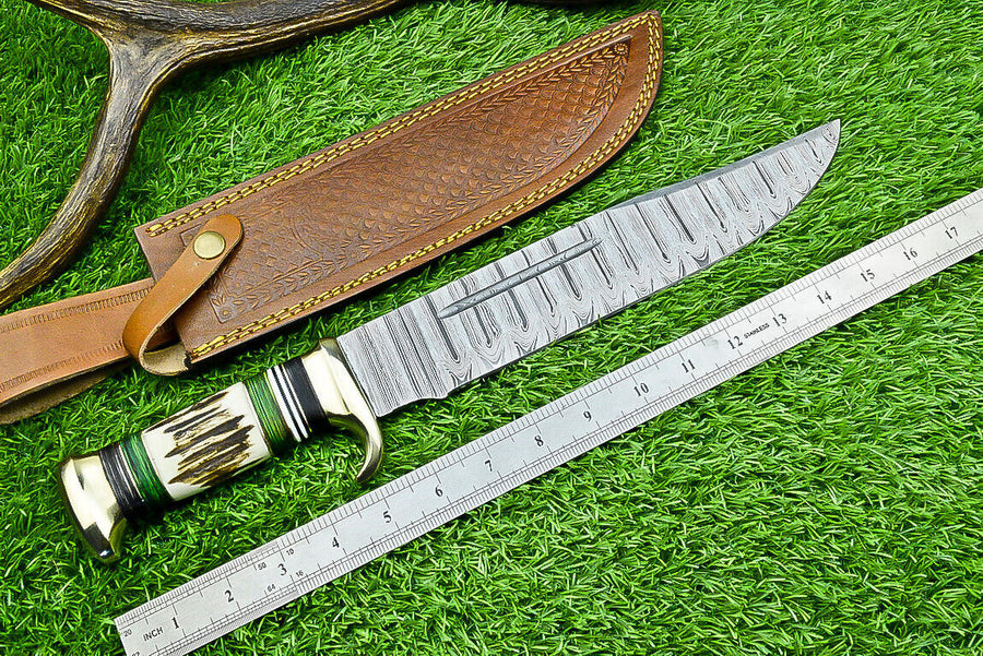 Deluxe Dundee Knife – 16" Handmade Damascus Steel Blade with Brass Guard & Pakkawood or Stag Horn Handle + Leather Sheath