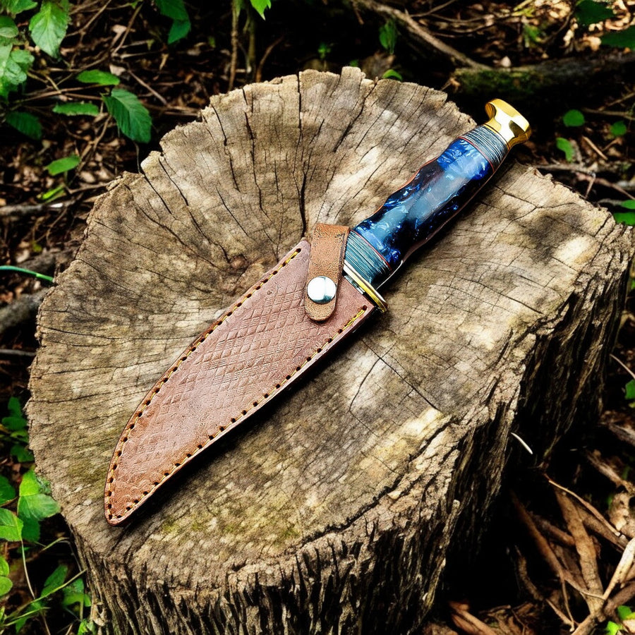 Custom Handmade Bowie Knife - 12" Damascus Steel Blade with Leather Sheath