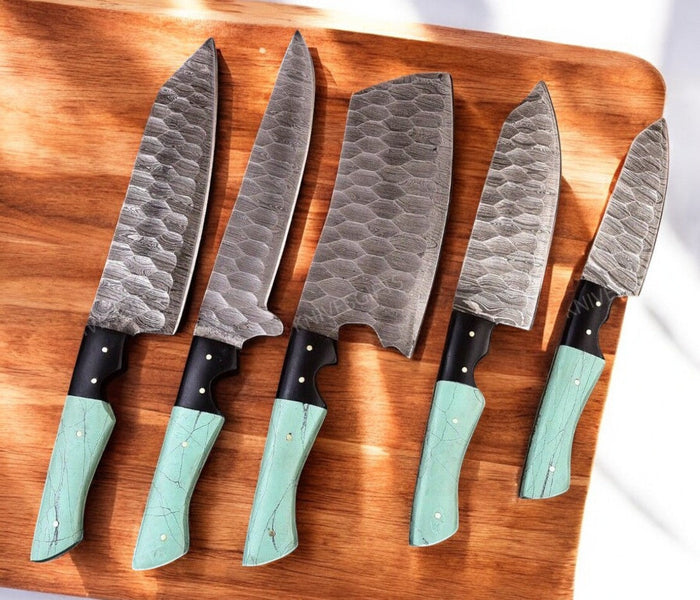 Handmade Damascus Kitchen Knives Set with Epoxy Resin Handle