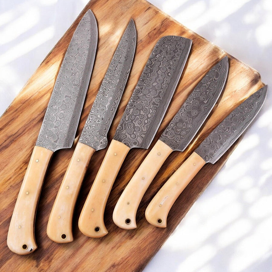 Handmade Damascus Kitchen Knives Set with Bone Handles
