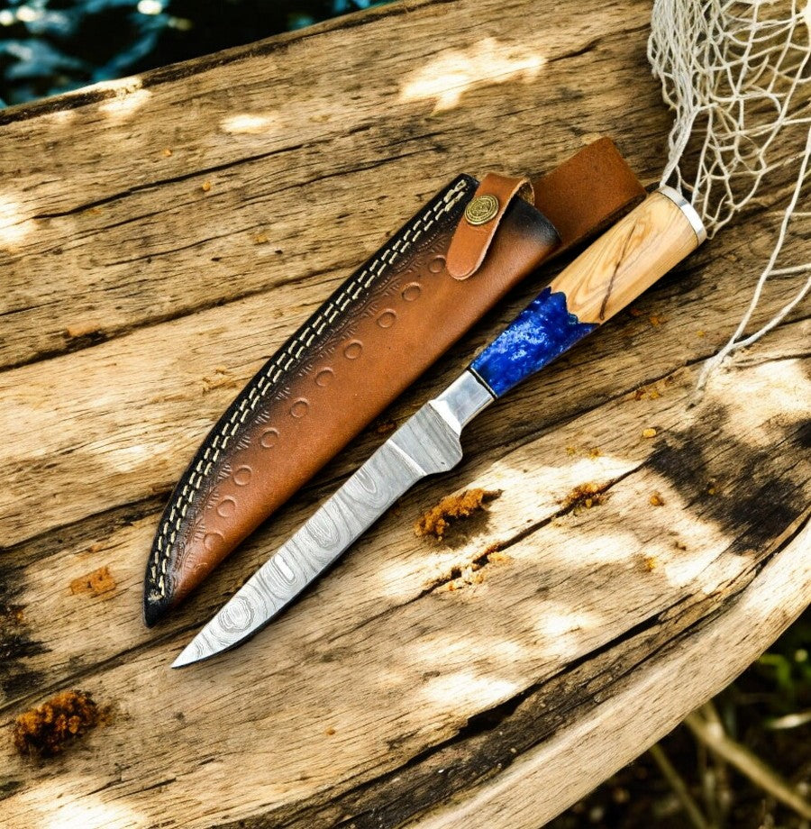 Handmade Damascus Fillet Knife – Epoxy Olive Wood Handle