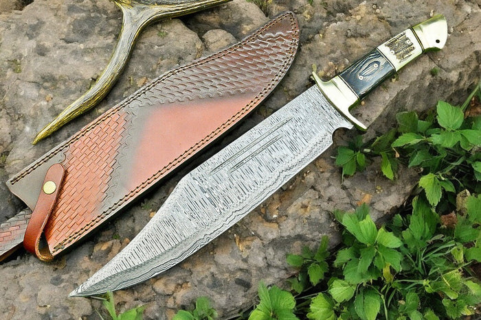 Handmade Damascus Bowie Knife | 16" Antler Horn Handle