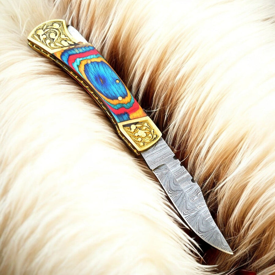 Custom Handmade Damascus Pocket Knife with Multi-Color Wood Handle