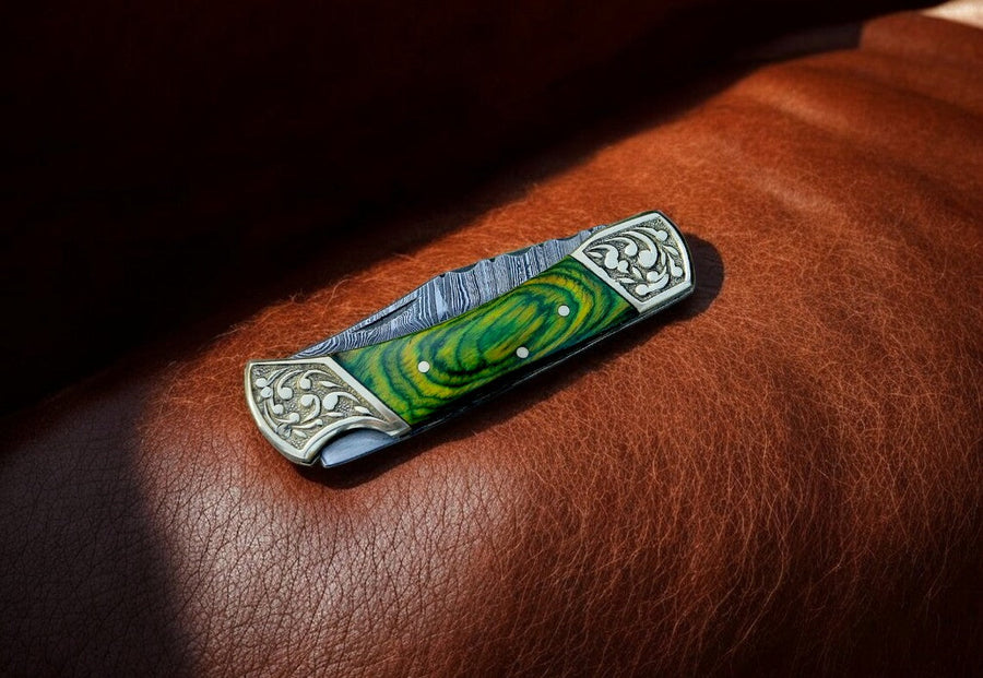 Handmade Damascus Folding Knife – Exotic Wood Handle