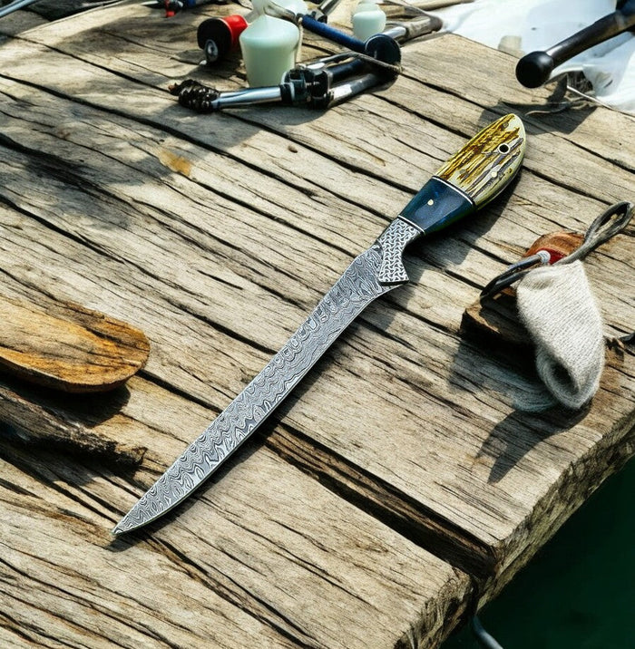 Custom Handmade Damascus Fillet Knife – 12.5” with Leather Sheath