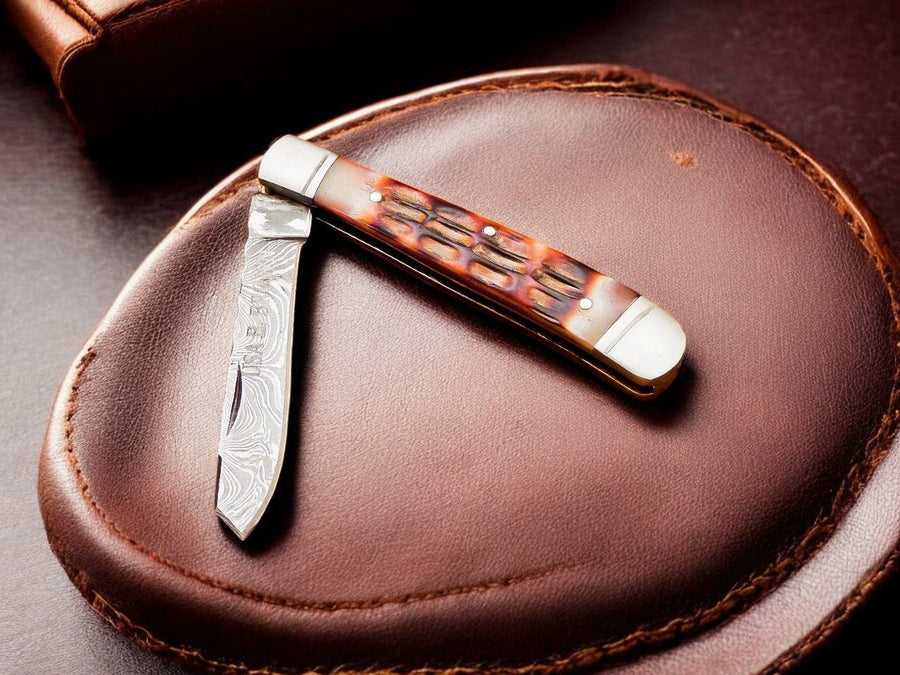 Custom Handmade Damascus Steel Pocket Knife with Bone Handle
