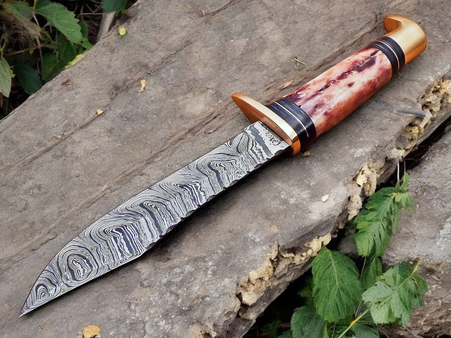 Handmade Damascus Hunting Knife – 12" with Bone Handle